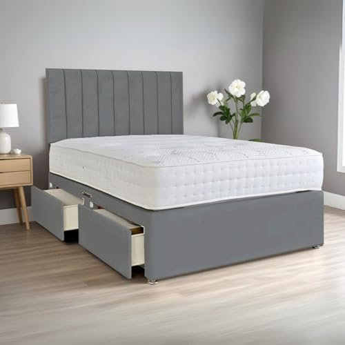 amu 4FT6 Double Bed with Mattress & 2 Drawers | 24 Headboard, Plush Velvet Double Divan Bed for Space-Saving Solutions | Double Bed And Mattress Included (Grey)