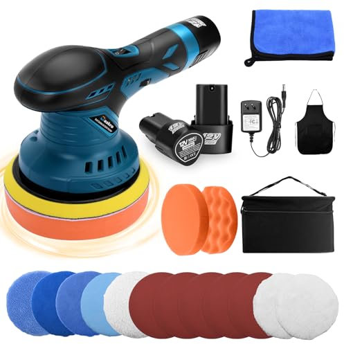 Daakro Pulidora azul con 2 baterías y cargadores de 3000 mAh, juego de máquinas pulidoras para coche, 6 velocidades, máquina de cera pulidora de batería de coche, placa de pulido de 145 mm, 17