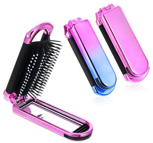 Travel Hair Brush with Mirror,2 Pack Folding Wet Hair Brush Travel Size Hair Massage Comb Compact Hair Brush Foldable Pocket Hair Brush for Women and Men, Hair Styling Tools (Pink & Gradient)