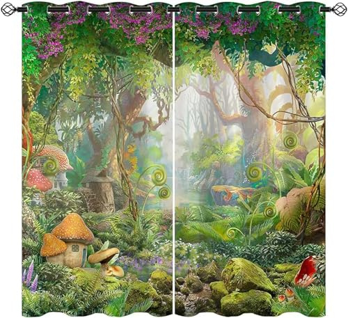ZZTBQ Karikatur Wald Verdunkelungsvorhang Mit Ösen, Pilz Blickdichte Vorhänge Baumhaus 220x215cm Für Jungen Mädchen Kinder Schlafzimmer
