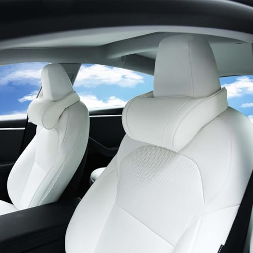 TOPABYTE Reposacabezas Coche Cojin, Almohada de Coche de Cuero con Espuma Viscoelástica, Almohada Cervical para Asiento del Auto, Soporte de Cuello Cojín para Conductor, Blanco, 2 Pieza