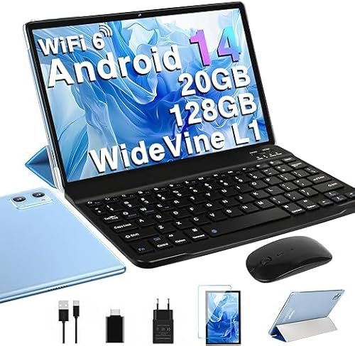 Tablet 10 Pulgadas con 20GB RAM+128GB ROM/TF Ampliable a 2TB, Tablet Android 14 con Widevine L1,5G WiFi 6, 8 Cores, BT5.0, Type C, GMS Certificado Tablets 2 en 1 con Teclado, Funda y Ratón - Azul