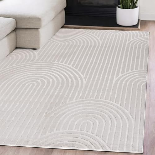 Mazovia Groß Teppich Wohnzimmer 180x250cm Creme Weiß Geometrische Bögen | Teppich für Schlafzimmer Büro Esszimmer Beige Weich Pflegeleicht Tierfreundlich Fußbodenheizungsgeeignet Kurzflor Synthetisch