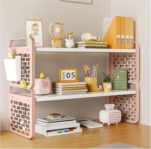 Desktop Bookcase for Computer Desk, Bookcase Countertop Storage Hutch Display Rack Table Top Shelves, 3 Tier Desktop Storage Organizer Shelf, for Dorm Office Home(Pink,3 tier)