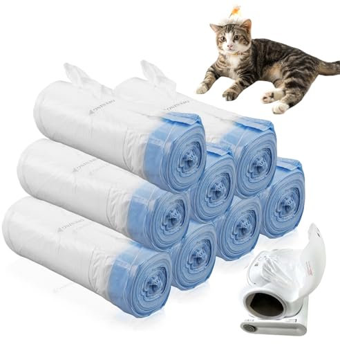 Sporgo Lot de 160 sacs poubelle avec poignée de transport : 8 rouleaux de sacs à litière pour chat autonettoyants avec cordons de serrage, sac à litière pour chat Recharge pour changement de litière