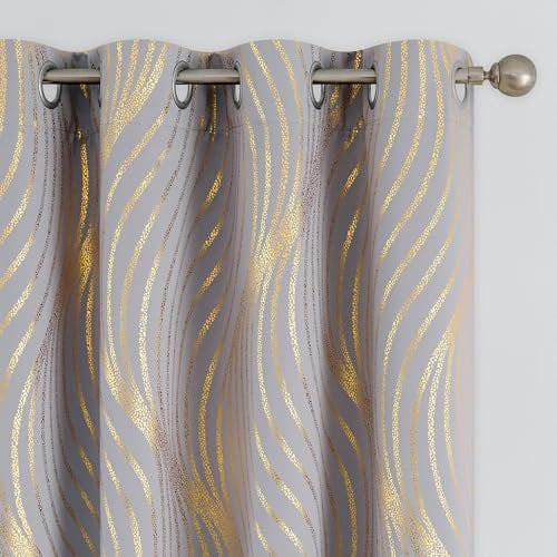 Xwincel 100 % Verdunkelungsvorhänge für Schlafzimmer, Grau-Gold, Wellenlinie, Punkte, gemusterte Vorhänge, 244 cm lang, metallische Goldvorhänge, Wohnzimmer, Verdunkelung, thermisch isolierte Ösen,