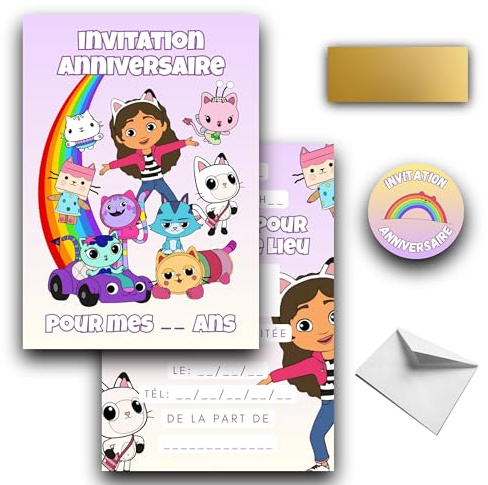 RXLITE KIT créatif premium KIT D’INVITATION GABBY CHAT LOT COMPLET AVEC CARTES, STICKERS À GRATTER, ENVELOPPES, DESIGN MIGNON ET COLORÉ POUR UNE FÊTE D’ANNIVERSAIRE MAGIQUE, CRÉATIVE, INOUBLIABLE