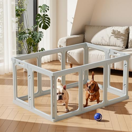 Gardner Pet Acryl Welpenauslauf, 60 cm 10 Panels hundelaufstall für wohnung, Welpenlaufstall faltbar, Transparent, mit Saugnäpfen Laufstall Hund, geeignet für Welpen, Kaninchen, Katzen, Schweine, Grau