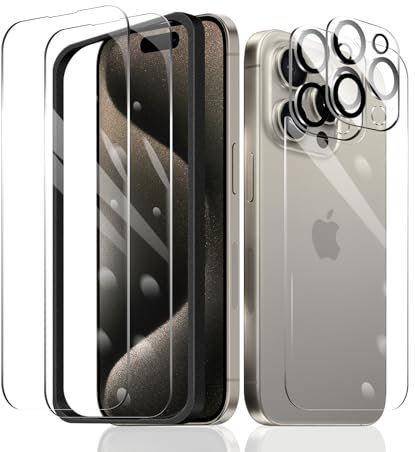 2×Screen Protector for iPhone 15 Pro + 2×Camera Lens Protector + 1×Back Tempered Glass Film + 1×Installation Frame, 9H Hardness Case Friendly HD Clear Scratchproof Impact Protection