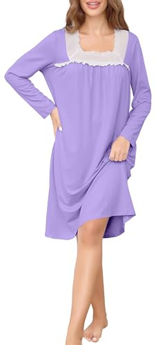 Wikoan Camicia da Notte da Donna con Maniche Lunga da Donna Camicia da Notte con Scollo Quadrato,Viola Chiaro,XL