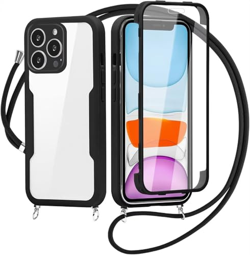 FERLAN Handykette für iPhone 14 Pro Hülle mit Band,Transparent 360 Grad Rundumschutz Schutzhülle mit Integriertem Displayschutz Stoßfest Ultradünn Silikon Handyhülle für iPhone 14 Pro,Schwarz