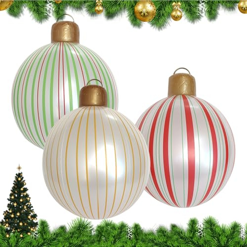 Aufblasbare Weihnachtskugeln - 3er Set Riesig 40cm | Gestreifte PVC Weihnachtsdekoration | Dekorative Kugeln Für Den Garten, Hof, Rasen, Terrasse | Weihnachtsschmuck Für Innen Und Außen Am Ha