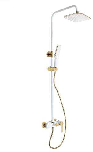 Set doccia con doccetta, colonna doccia regolabile in altezza 85-125 cm, rubinetto doccia con 3 uscite e termostato, montaggio a parete, bianco, oro