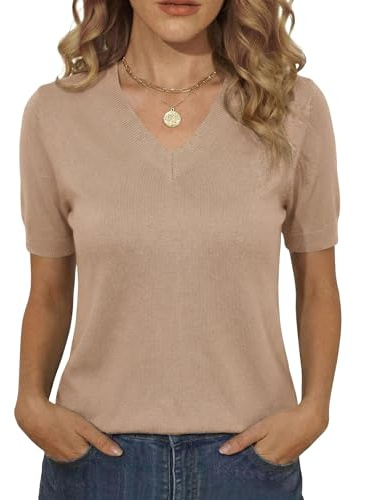 Totatuit Camiseta Mujer Manga Corta Cuello en V Jersey de Punto Ajustado