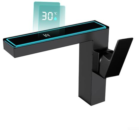 Robinet LED Noir avec Affichage Numérique Intelligent | Alimenté par l'eau, Mitigeur de température, Flux eau chaude et froide, Lumière ambiante, Pour évier de salle de bain