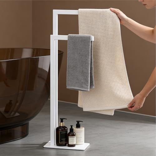 Mai & Mai Porte-Serviettes sur Pied 2 Niveaux 25x15x77,5 cm Blanc Mat | Inox 304, Valet Porte-Serviettes, Support Serviette Autoportant, Étagère de Rangement, pour Salle de Bain, Tavrin-03