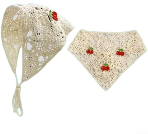Foulard triangulaire crocheté à la main avec motif fraise et cerise, bandana bohème en tricot creux pour photos de camping et usage quotidien, couvre-chef en laine de style coréen (C)