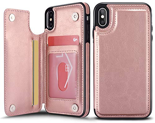 UEEBAI Case for iPhone X XS, Luxury PU Leather Case with [Two Magnetic Clasp] [Card Slots] Stand Function Durable Soft TPU Case Back Wallet Flip Cover for iPhone X/XS - Rose Gold