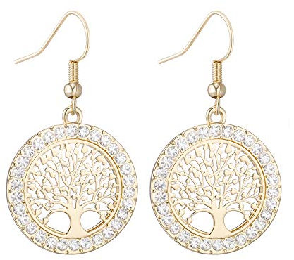 Albero della vita Orecchini in cristallo per donna, elegante tondo in oro rosa, argento, anallergico, orecchini pendenti per donna, regalo di compleanno (placcato oro)