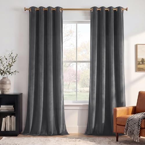 StangH Graue Samtvorhänge für Wohnzimmer 243,8 cm lang, lichtblockierend, Samtvorhänge, Sichtschutzösen, Fenstervorhänge für Schlafzimmer/Schiebetür, B 132 x L 244 cm, 2 Paneele