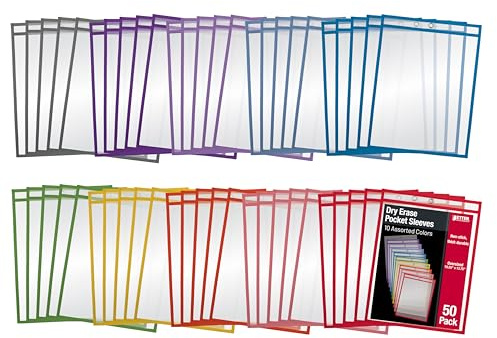Better Office Products Dry Erase Taschenhüllen, 50 Stück, kristallklar, übergroß, 26 x 35 cm, strapazierfähig, trocken abwischbar, wiederverwendbare Taschen mit 10 verschiedenen Farben, 50 Stück