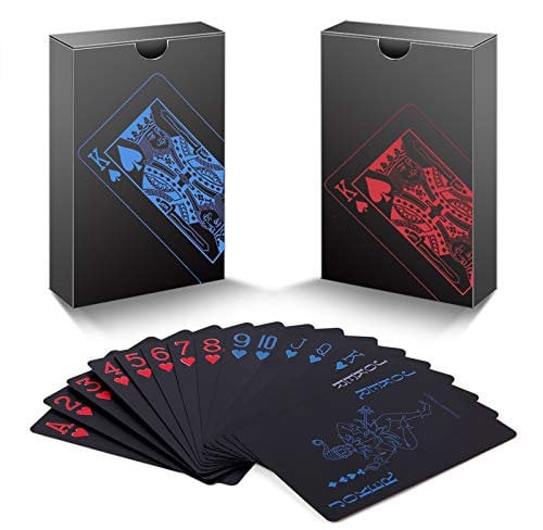 zidwzidwei Spielkarten 2 Kartendecks, Einzigartig kühles Schwarzes Poker Wasserdichtes PVC Plastik Spielkarten, Premium Kartendeck Standardgröße für Kinder und Erwachsene (Rot und Blau)