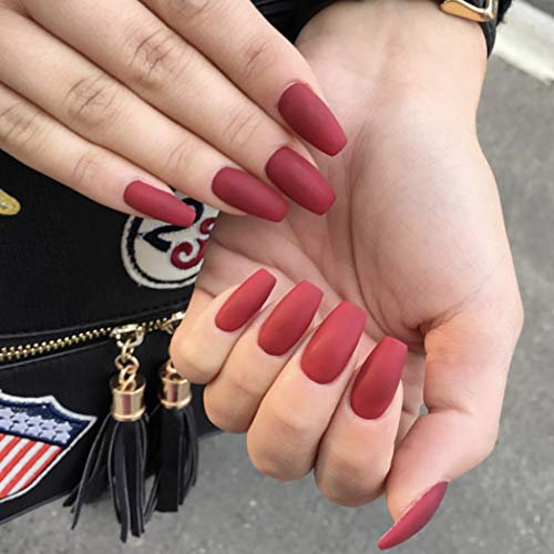 Brishow Coffin Matte Ballerina Acrylic Stick-On Nails - Artificial Full Cover Press-On Set, 24Pcs for Women and Girls (Bright Red)