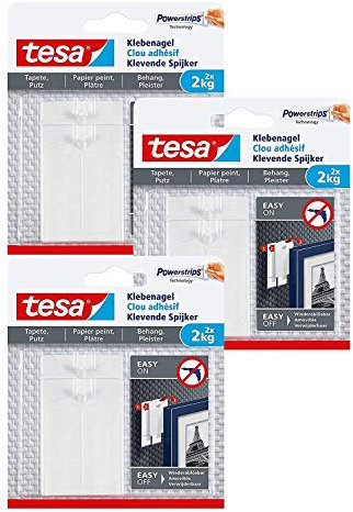 tesa 77776-00000-00 Lot de 2 clous adhésifs pour papier peint et plâtre, clous autocollants pour surfaces sensibles, faciles à installer et à enlever sans laisser de résidus, 2 x 2 kg, 2 kg (3)