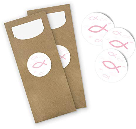 itenga 25x Bestecktaschen Pochetten aus Papier inkl. Serviette I Sticker Fisch Rosa I 8,2 cm x 20,0 cm I geeignet für Taufe, Kommunion & Konfirmation
