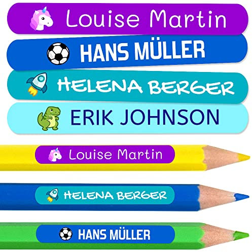 50 Pegatinas Personalizadas con Nombre para material escolar. Etiquetas adhesivas mini de colores. Vinilo adhesivo identificativo impermeable para bolis y lápices. Tamaño 4,6 x 0,6 cm