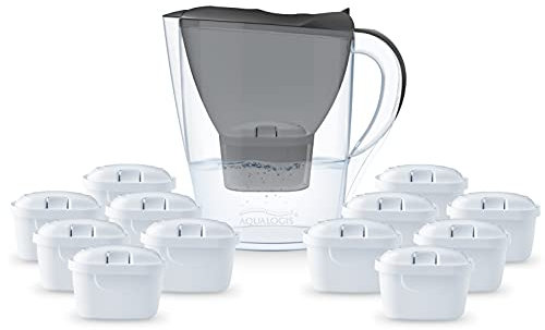 Aqualogis Water Filter Light Grey with Filter Cartridge - Filter in Modern Design to Reduce Lime, Chlorine & Flavour-Disrupting Substances (Graphite, 12 Pure+)