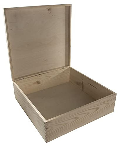 WooDeeDoo Extra Large Square Wooden Storage Box with Hinged Lid - 40 x 40 x 13.5 cm – Deep Unfinished Pine Case for Crafts Keepsakes Documents Memory Storage