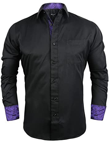 Alizeal Mens Business Slim Fit Dress Shirt Long Sleeve Patchwork Button Closure Shirt, Black+Dark Purple-M