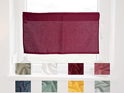 beties Leinen Scheibengardine ca. 45x85 cm Bistrogardine 100% Leinen im Landhausstil mit Tunnelzug Landhaus Kurzgardine Küche Vorhang (Merlot-rot)