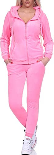 Jela London Damen Nicki Hausanzug Jogginganzug Velour Samt Jogging Freizeit Hose Kapuzen Jacke, Neon Rosa, 34-36 (S)