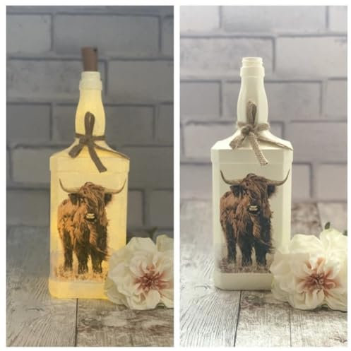 Highland Cow Cream Light Up Bottle Lamp. Brown Cow Farmhouse Decor Gift for Her. Cottage Style Home Decor