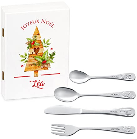 Maverton Set de couverts personnalisé dans boîte en bois imprimée - Thème Animal - Cadeau d'anniversaire personnalisé - Pour filles - Cadeaux bébé - Coutellerie gravée - ARBRE