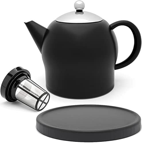 Teekanne Set 1.4 Liter - Edelstahl doppelwandig Schwarz matt - Großer Moderner Teebereiter mit Tee-Filter-Sieb-Aufsatz für losen Tee - inkl. Holz-Untersetzer schwarz