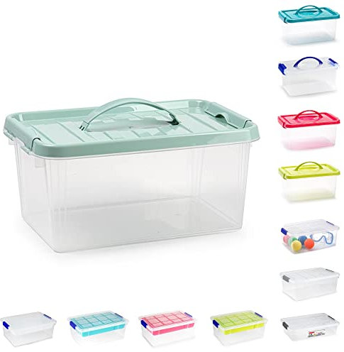 Plastic Storage Box Lightweight Robust Stackable Storage Boxes with Lid, Clear Latch Boxes, Plastic Organiser, Space Saving Solution for Home Office (3.5L - Mint Green Lid with Handle)