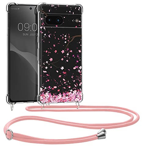 kwmobile Necklace Case kompatibel mit Google Pixel 7 Hülle - Silikon Cover mit Handykette - Rosa Dunkelbraun Transparent Kirschblütenblätter