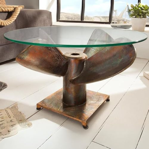 LEBENSwohnART Design Couchtisch ELICA 60cm Kupfer Aluminium Schiffsschraube Maritim Glasplatte