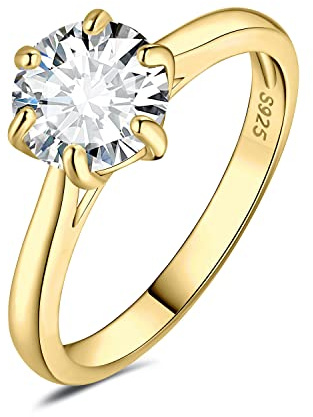 JewelryPalace 2ct Classique Cubic Zirconia Bague Taille Rond Solitaire Pierre Argent Massif 925 Femme, Plaqué Or Jaune Bague Diamant Simulé Fiançailles Mariage Promise Alliance, Ensemble Bijoux Mariee