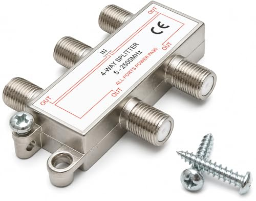 DRUT TV Splitter, F-Type Screw-on Connectors, 4 Way | RF Coaxial Cable Adapter, Passive Wideband Signal, 5-2500Mhz