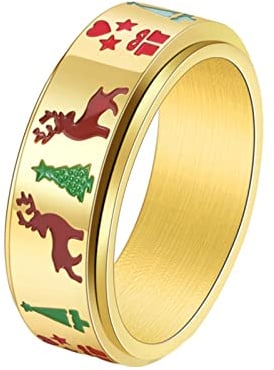 Epinki Bijoux, Bague Homme Femme Titane 8MM Thème de Noël Cerf Arbre Flocon de Neige Tournante Noir/Or/Argent