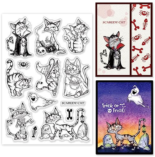 INFUNLY Halloween-Katze Transparenter Stempel Angstkatze Silikonstempel Für Kartenherstellung Geist Transparenter Gummistempel Für DIY Tagebuch Scrapbooking Prägung Fotoalbum Dekorativ