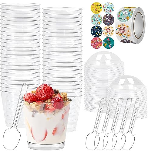 50 mini vasos de postre, 210 ml, ollas de postre con cucharas y tapas reutilizables, pegatinas, vasos pequeños transparentes, cuencos de postre para bodas, fiestas de cumpleaños, tartas de queso