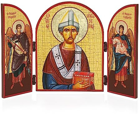 NKlaus Heiliger Augustinus Ikone Triptychon Holz 25x16cm Christlich 13802