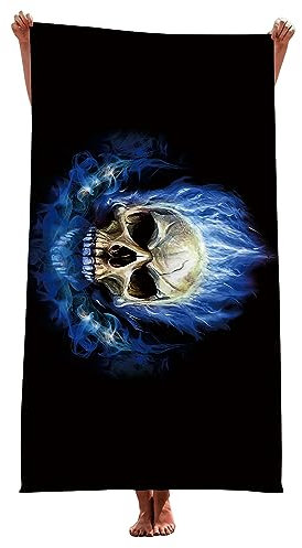 LOMDEM Schwarz Grau Mikrofaser Handtuch Strandtuch Skull Thema XL XXL Trockene Geschwindigkeit Badetuch Blume Tod Skull Flamme Goth Style Cool Sport Herren Teenager Beach Towel (Farbe 1,150x200 cm)