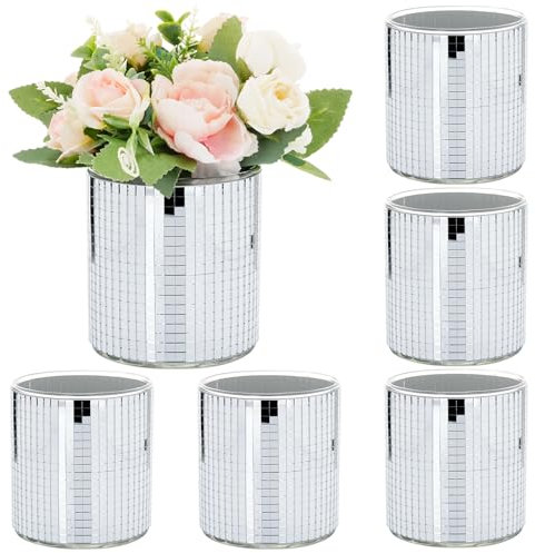 Hushee 6 Pcs Disco Ball Planter Mirror Glass Disco Ball Vase Modern Disco Cylindrical Planter Pot House Candle Holder for Indoor Outdoor Plants Wedding Centerpieces Bedroom Birthday Decoration