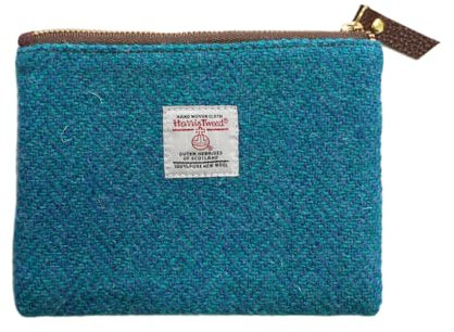 Harris Tweed Münzbörse, handgefertigt, Lippenstift-Tasche, Vintage-Stil, britische tragbare Kreditkarten-Ausweis-Geldbörse mit YKK-Reißverschluss für Damen und Herren, Blau, Medium, Kunstkariert